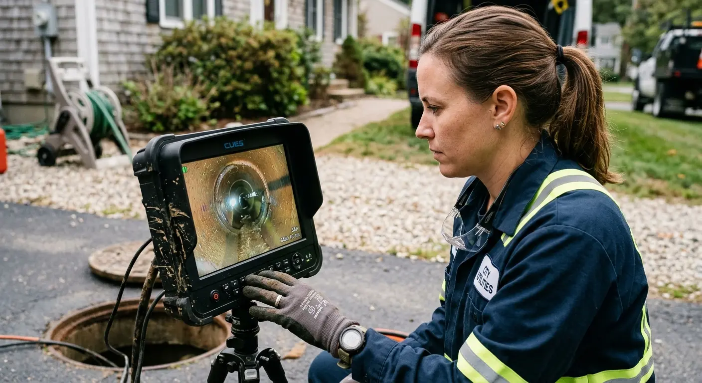 Technician reviewing sewer camera inspection footage in Winslow