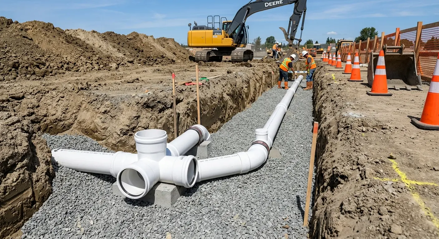 New PVC sewer pipe installation in open trench for Sewer Backup in Winslow